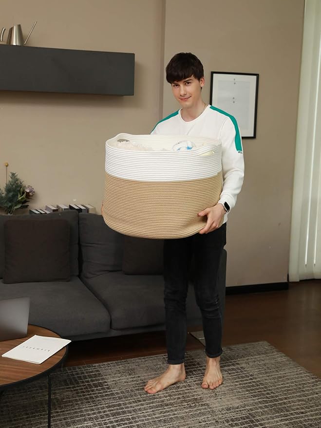 24" x 24" x 17" Max Size Large Cotton Rope Basket, Extra Large Storage Basket, Woven Laundry Hamper, Cloth Storage Bin, for Blankets Clothes Towels Pillows in Living Room, Beige