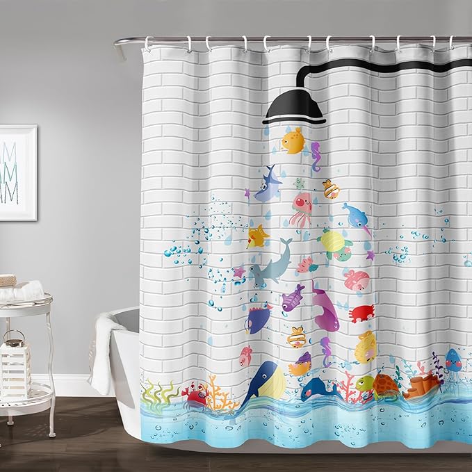 AILONEN Cute Fish Shower Curtain for Kids 72" W*78" H Inch,Raining Marine Animal Playing Water Shower Curtains,12 Pack Hooks Polyester Waterproof Fabric Decor for Bathroom Bathtub Panels