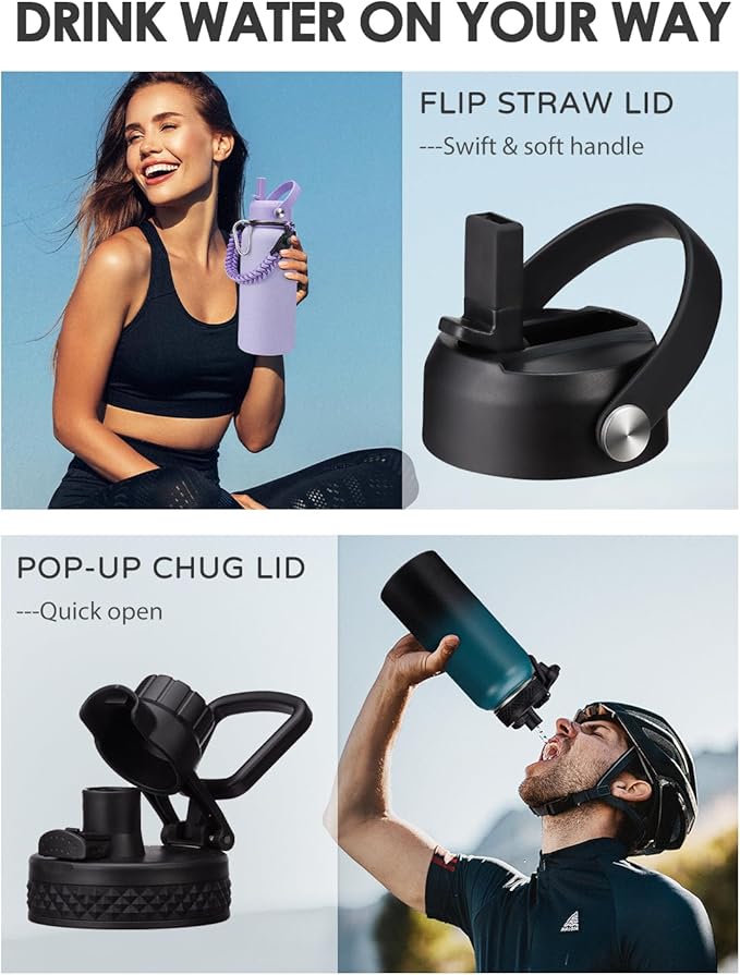 32 oz Water Bottles Insulated Flask - Stainless Steel Metal Hydro Jug Keep Cold-48h & Hot-24h, Triple-Wall Thermal Fitness Sports Water Bottle with Paracord Handle, Straw & Spout Lids, Bottle Sleeve