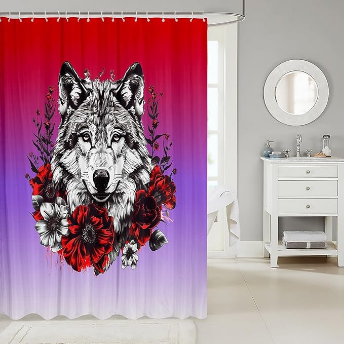 Feelyou Rose Wolf Bath Curtain Wolf Shower Curtain for Boys Girls Wolves Howling Bathroom Shower Curtain Set Wolf Life Kids Bathroom Accessories Animal Wolves 72"x84"