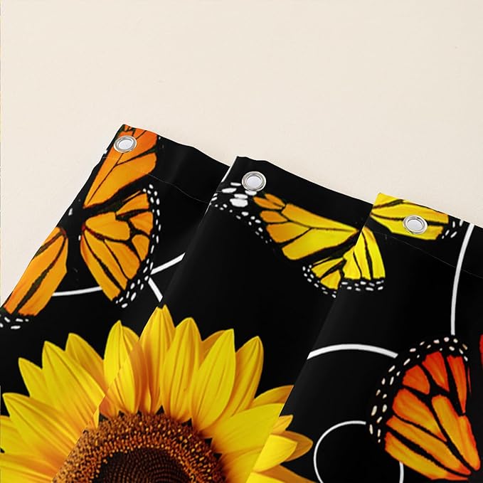 AILONEN Yellow Sunflower and Butterfly Shower Curtain,Garden Flower Black Bath Curtain,Modern Botanical Floral Waterproof Shower Curtain, 60" W x 72" H