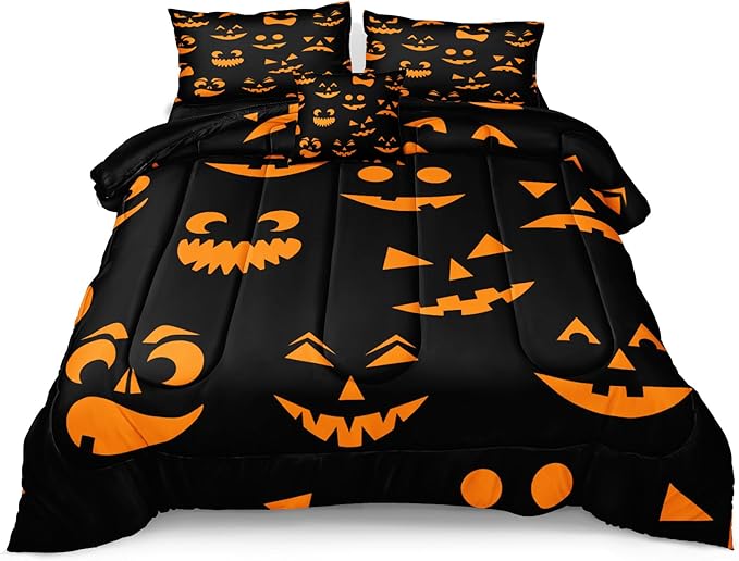 Bedbay Halloween Queen Comforter Set Black Orange Ghost Bedding Set for Kids Boys 4 Pcs Soft and Breathable Comforter Halloween Room Decor(Orange,Queen)