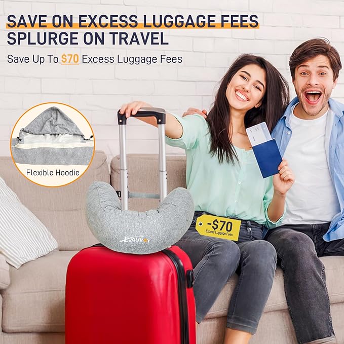 Stuffable Neck Pillow for Travel with Hood, Hoodie Travel Neck Pillow Stuffable with Clothes, Fillable Travel Pillow Storage Bag, Soft Empty Neck Pillow Case, Packable for Airplane Travel Essentials