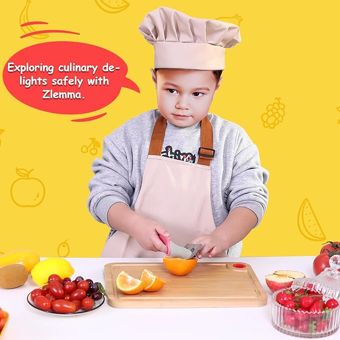 Kids Knife Set for Real Cooking with Educational Ring & Children Apron & Chef Hat- Children Training Knife Set-Pink