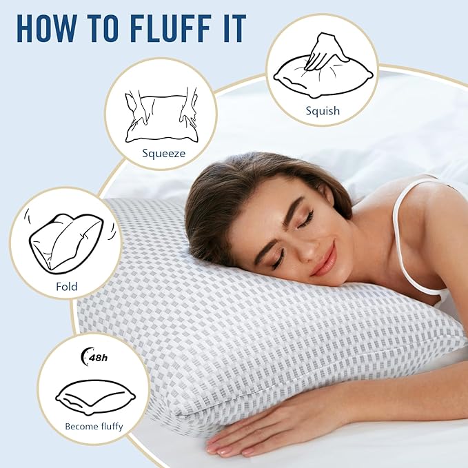 Shredded Memory Foam Pillows, Standard Size Bed Pillows for Sleeping 2 Pack,Washable Removable Cover,Pillows Suitable for Stomach,Back and Side Sleepers.