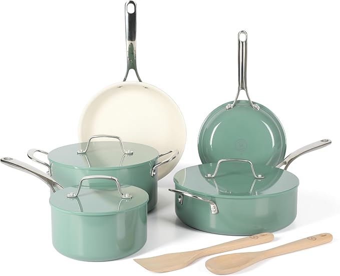 Martha Stewart Galway Premium Nonstick PFA Free Ceramic Interior 10 Piece Heavy Gauge Enamel Aluminum Pots and Pans Cookware Set W/Aluminum Lids - Teal