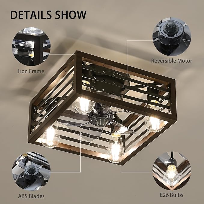 NicBex Ceiling Fan 18 Inch Ceiling Fans with Lights Industrial Caged Ceiling Fan with Blades and Remote Control Ceiling Fans with Flush Mount Design for Bedroom, Living Room, Brown