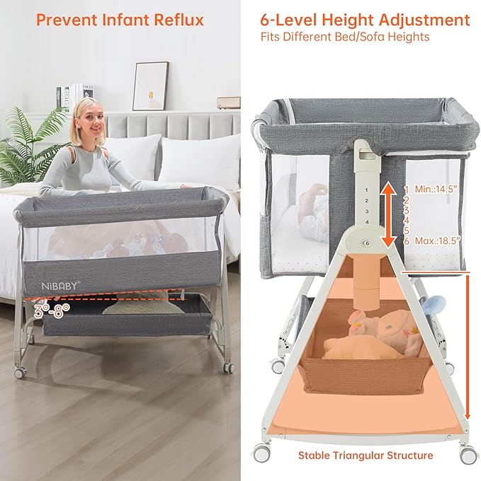 3 in 1 Baby Bassinet Bedside Sleeper, 6 Height Adjustable Portable Baby Crib Bedside Bassinet with Wheels, Mosquito Net & Storage Basket for Safe Co-Sleeping, Fit for Newborn/Infants (Gray)