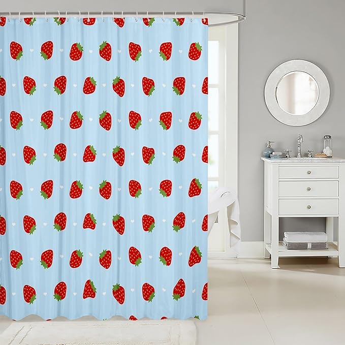 Feelyou Strawberry Fabric Shower Curtain Blue Shower Curtain for Kids Boys Girls Kawaii Fruit Bathroom Waterproof Accessories with 12 Hooks Cute Curtains,72x78 Inches