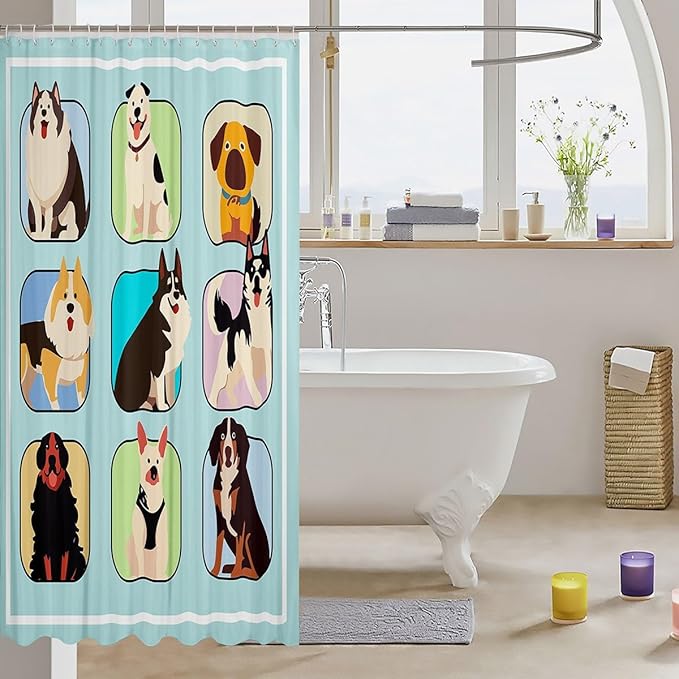 Feelyou Dog Shower Curtain Cartoon Dog Bath Curtain for Kids Toddler Boys Girls Cute Dog Bathroom Shower Curtain Set Sausage Dog Kids Bathroom Accessories 72"x84"