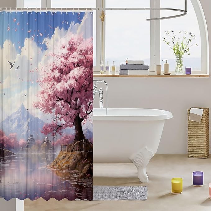 Feelyou Cherry Blossom Fabric Shower Curtain Floral Bathroom Waterproof Accessories with 12 Hooks for Kids Teens Adults Nutrue Theme Shower Curtain Tree of Life Curtains,72x84 Inches