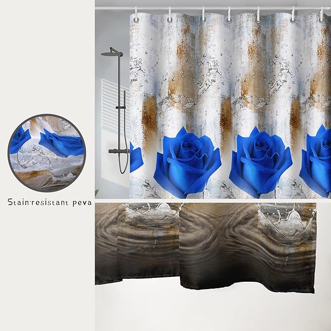 AILONEN Blue Rose Shower Curtain for Girls 3D Rose Water Droplet Retro Bathroom Decor,Modern Rose Flower Couple Lover Women Bath Curtain 72" W*96" H Polyester Waterproof Bathroom Curtain with Hooks