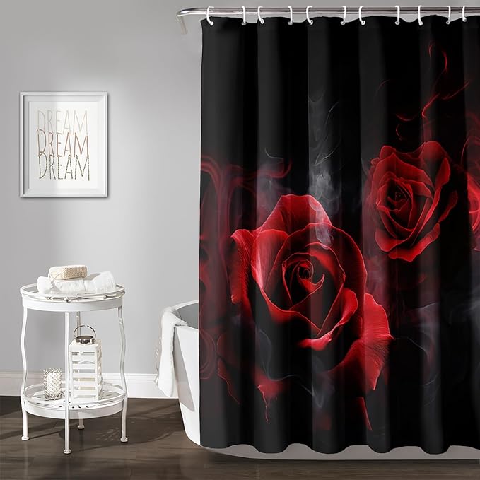 AILONEN Red and Black Rose Shower Curtain,Romantic Smoky Luxury Rose Bathroom Decor,Red Flower Garden Floral Bath Curtain,Waterproof 48" W x 72" H