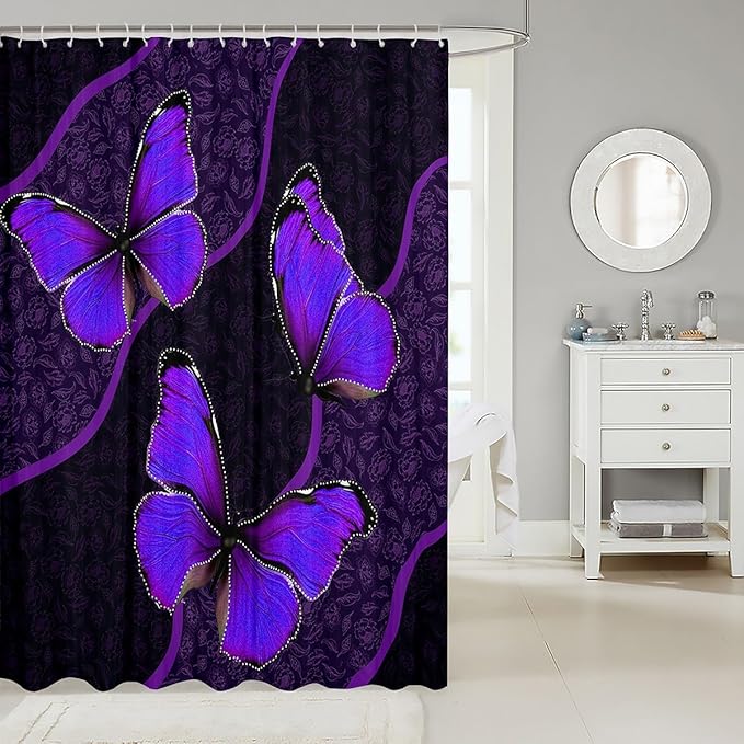Feelyou Butterfly Shower Curtain 72"x78" Kids Butterflies Botanical Floral Print Bathroom Shower Curtain Set for Boys Girls Teens Geometric Stripes Bath Curtain Purple Bathroom Accessories