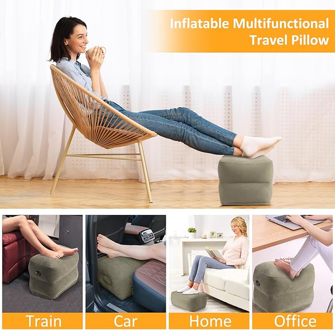 Inflatable Foot Rest Pillow for Travel - Adjustable Height Flight Foot Rest with Eye Mask and Earplugs for Kids & Adults on Airplane, Car, Train, Office, and Home (Gray, 2 PCS)