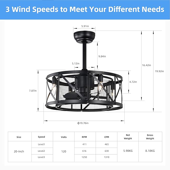 NicBex Ceiling Fan 20 Inch Modern Ceiling Fan with Lights Ceiling Fans with 5 Blades and Remote Control Reversible Small Caged Ceiling Fan for Bedroom, Living Room, Matte Black