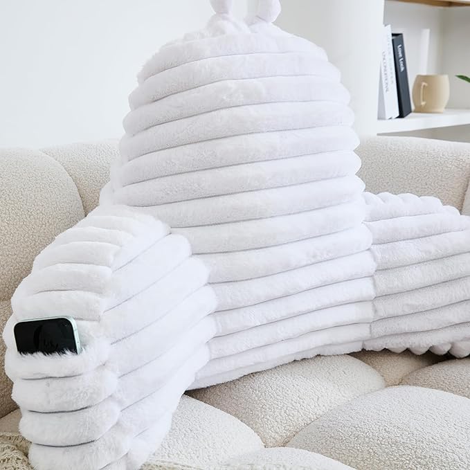 WERDIM Reading Pillow for Sitting in Bed, Faux Fur Back Pillow for Bed Rest, Bed Chair Pillow with Arms and Pockets(Large, White)