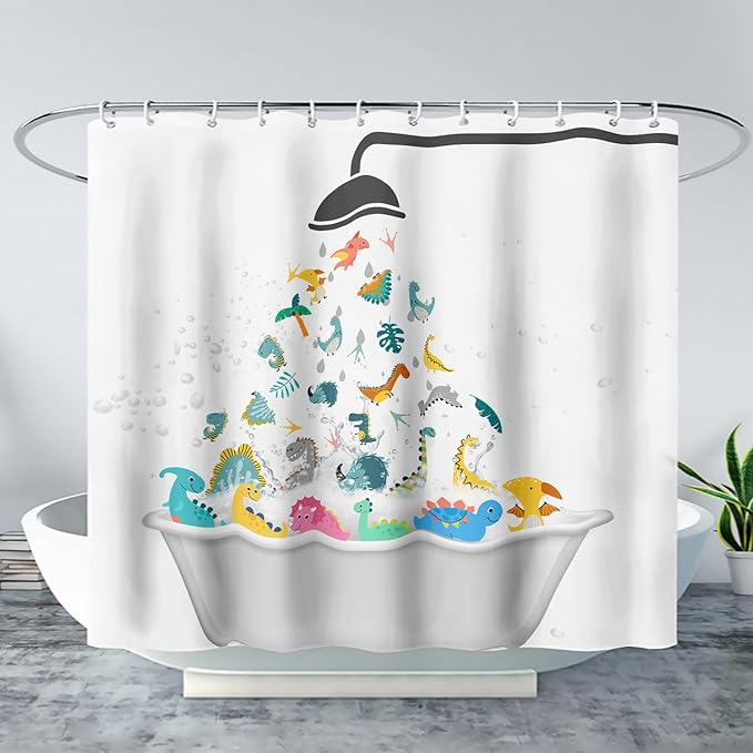 AILONEN Cute Dinosaur Shower Curtain for Kids 48" W*72" H Inch,Funny Dinosaur Animals Playing Water Shower Curtains,12 Pack Hooks Polyester Waterproof Fabric Decor for Bathroom Bathtub Panels