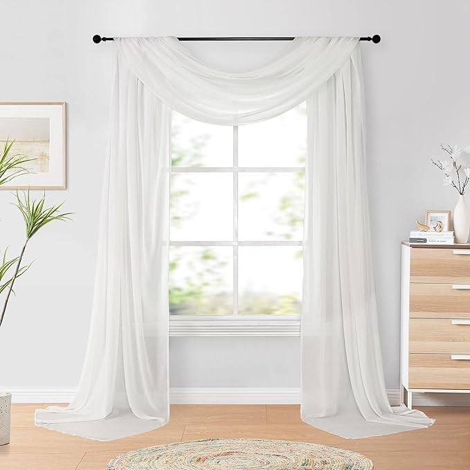 Fragrantex Beige Sheer Scarf Valance Window Curtain Soft Chiffon Extra Long Canopy Bed Curtains Panel for Kids Room Living Room,Swag Valance Wedding Arch Backdrop Curtain 52W x 256L,1 Panel