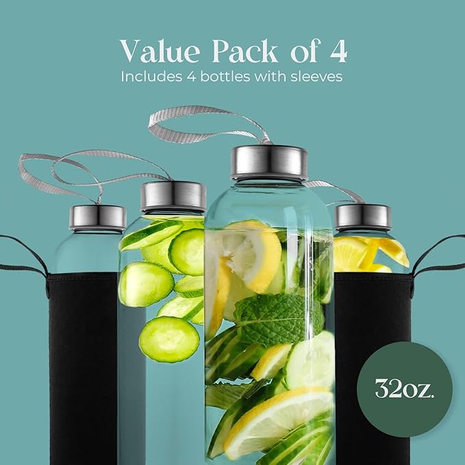 32 oz Glass Water Bottle Set of 4 - Reusable, Eco-Friendly, Airtight, Leak Proof Bottles for Travel