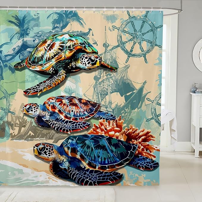 Feelyou Sea Turtle Shower Curtain Compass Fabric Shower Curtain for Kids Boys Girls Nautical Bathroom Waterproof Accessories with 12 Hooks Ocean Sea Adventure Curtains,72x84 Inches