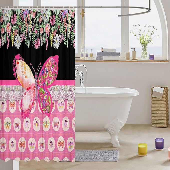 Feelyou Butterfly Shower Curtain 72"x84" Botanical Floral Flower Printed Bathroom Shower Curtain Set for Boys Girls Teens Black Pink Bath Curtain Garden Animal Natural Theme Bathroom Accessories