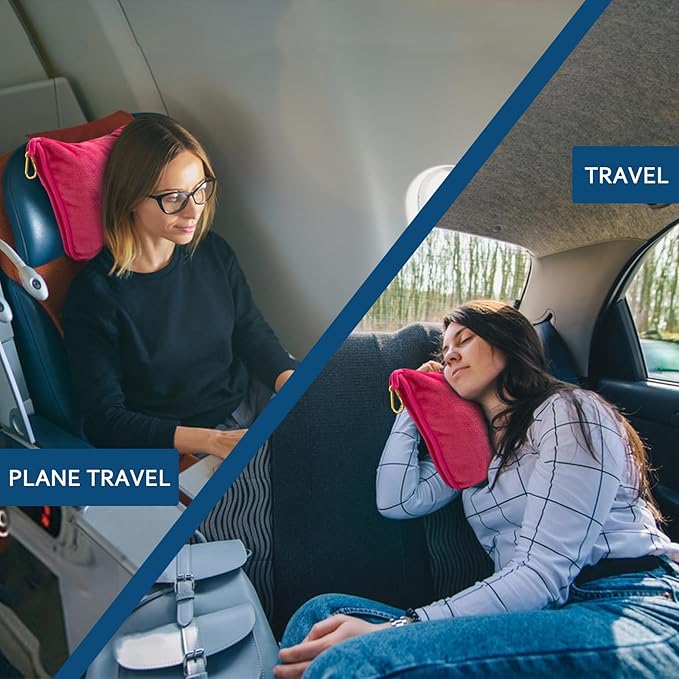 Bnuitland Travel Blanket and Pillow 2 in 1, Soft Flannel Airplane Blanket in Bag Compact-Long Flight Essential for Adults and Kids, Portable Luggage Sleeve and Backpack Clip, 65×40 inch Hot Pink