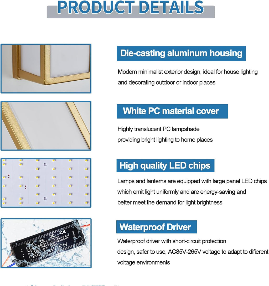 2-Pack Outdoor Wall Light LED 30W Aluminum - Gold Modern Exterior Sconce,3000K Warm,Waterproof Rectangular Porch Wall Mount Lighting Brightens to Patio,Garage,Front Door