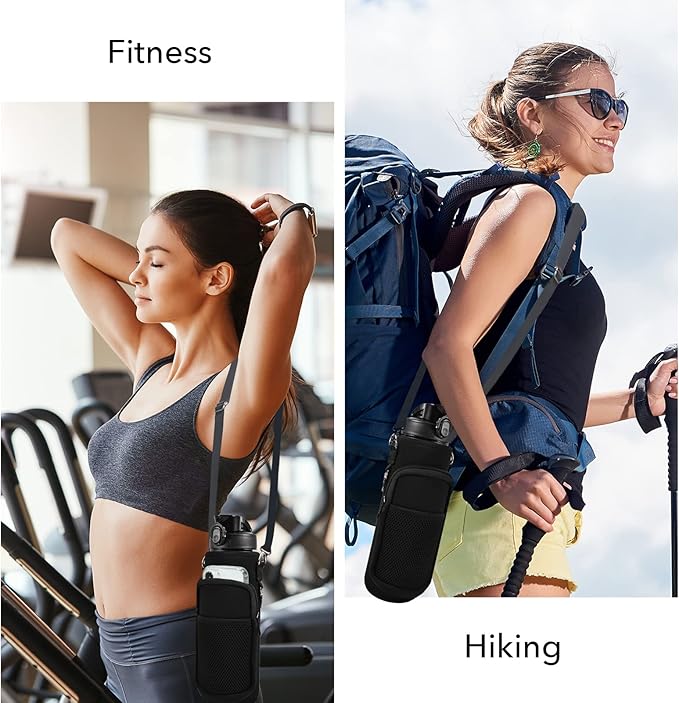 32 oz Water Bottle with Straw and Sleeve, Motivational Water Bottle with Time Marker and Adjustable Shoulder Strap, BPA Free Leakproof Sport Water Jug for Hiking, Gym