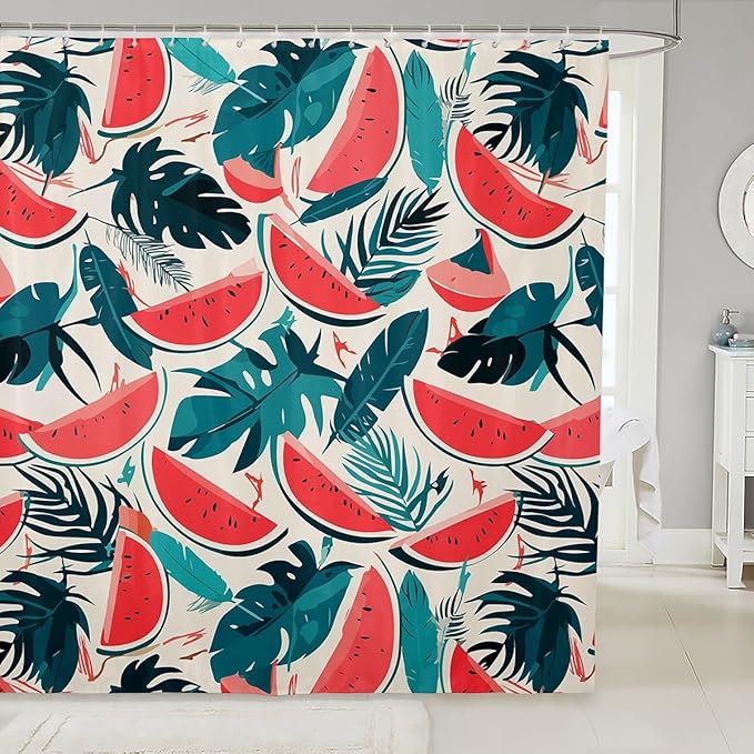 Feelyou Tropical Leaves Shower Curtain Watermelon Fabric Shower Curtain for Kids Boys Girls Colour Bathroom Waterproof Accessories with 12 Hooks Green Leaf Curtains,72x84 Inches