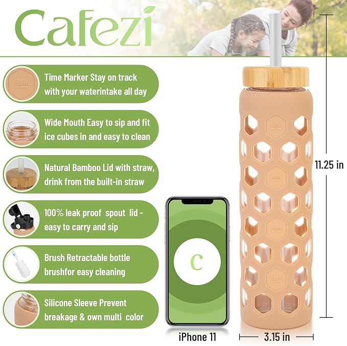 32oz Glass Water Bottles with 2 Lids-Bamboo Straw Lid & Spout Cap,Motivational Water Tumbler with Silicone Sleeve with Time Marker,Leakproof