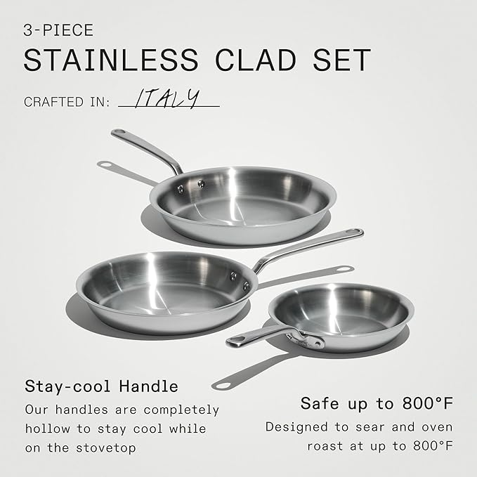 Made In Cookware - 3-Piece (Includes 8",10",12") Stainless Frying Pan Set - 5 Ply Stainless Clad - Professional Cookware - Crafted in Italy - Induction Compatible