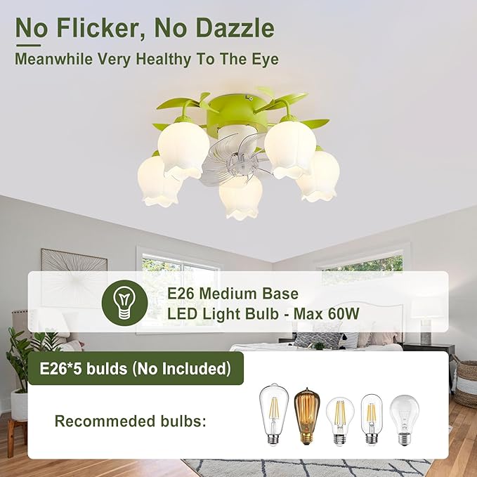Flower Ceiling Fan with Light: Green Flower Fan Lights for Girls Bedroom - Flush Mount Fandelier for Living Room - 5-Light Modern Chandelier with Fan for Home Decor Enthusiasts