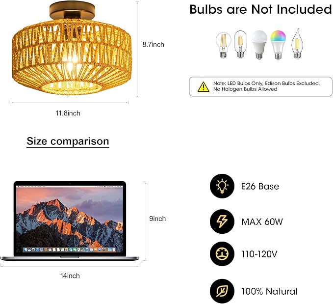 MAYNA Rattan Ceiling Light Fixture, Hand-Woven Boho Light Fixtures Ceiling Mount, Rattan Flush Mount Ceiling Light for Farmhouse Hallway Bedroom Kitchen Entryway Living Room (Black)