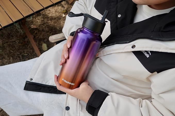 32 oz Insulated Water Bottle with Paracord Handles & Strap, 2 Lids(Straw Lid&Spout Lid), Stainless Steel Reusable Wide Mouth Metal Water Bottle With Straw, Double Walled, Thermo Mug（Tropical Fruit)