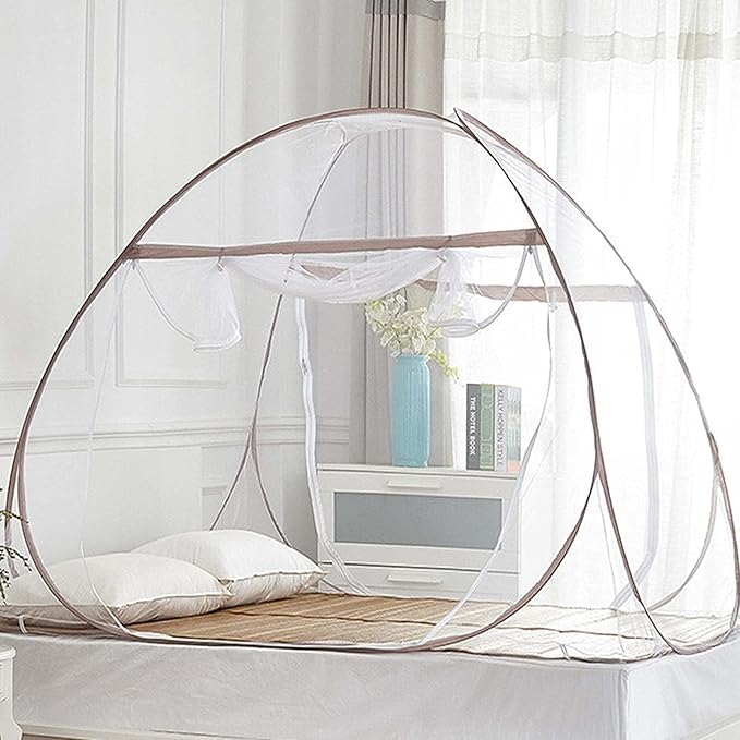 Pop Up Bed Net Tent for Bedroom with Net Bottom, Portable Double Door Travel Folding Design Bed Canopy, Foldable (Khaki-79 x71x59 inch)