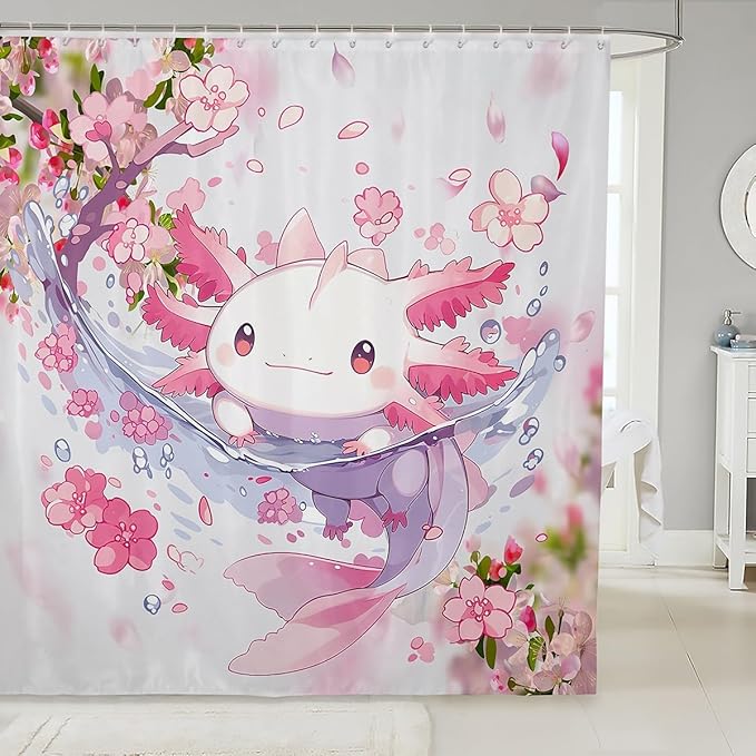 Feelyou Boys Girls Cute Axolotl Bathroom Shower Curtain Set Ocean Sealife Bath Curtain Kawaii Shower Curtain Kids Cartoon Salamander Teens Bathroom Accessories Room Decor 72"x84"