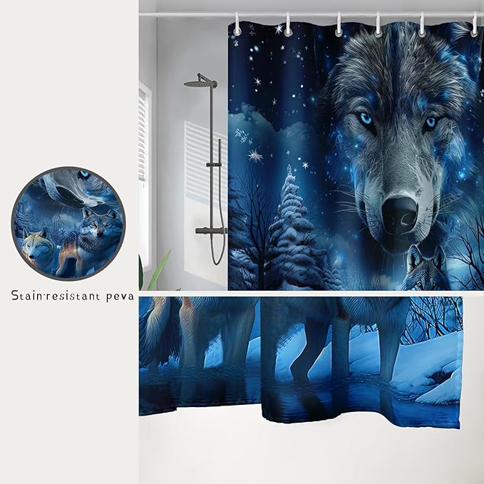 AILONEN 3D Howling Wolf Shower Curtain for Bathroo,Night Galaxy Starry Wolf Safari Animal Print Boys Teen Decor Bath Curtain 48" W*72" H Polyester Fabric Waterproof Bathroom Curtain with 12 Hooks