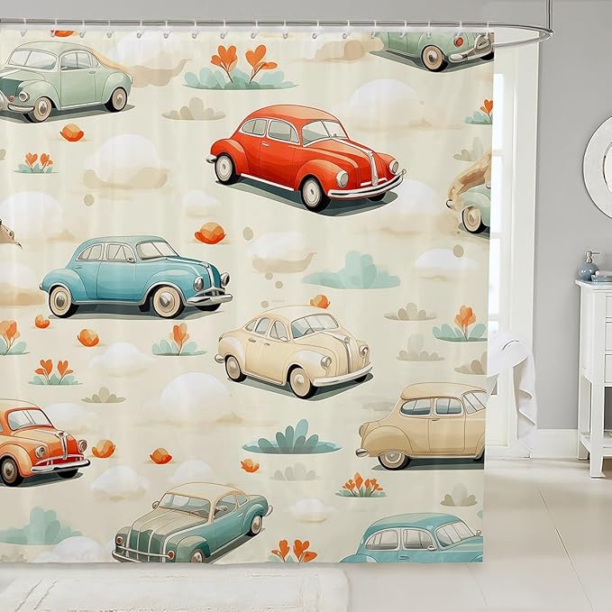 Feelyou Cartoon Car Fabric Shower Curtain for Kids Boys Girls Vintage Retro Car Bathroom Waterproof Accessories with 12 Hooks Colorful Shower Curtain Car Curtains,72x84 Inches
