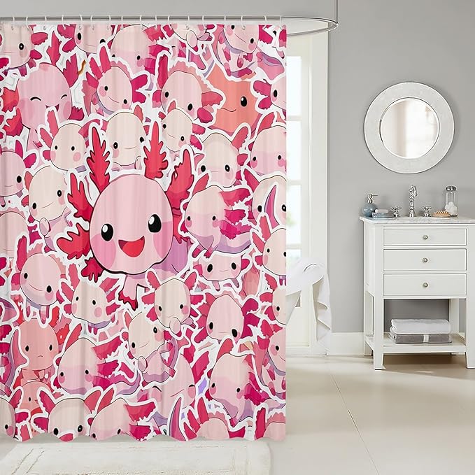 Feelyou Boys Girls Cute Axolotl Shower Curtain Ocean Sealife Bathroom Shower Curtain Set Kids Cartoon Salamander Bath Curtain Kawaii Teens Bathroom Accessories Room Decor 72"x84"