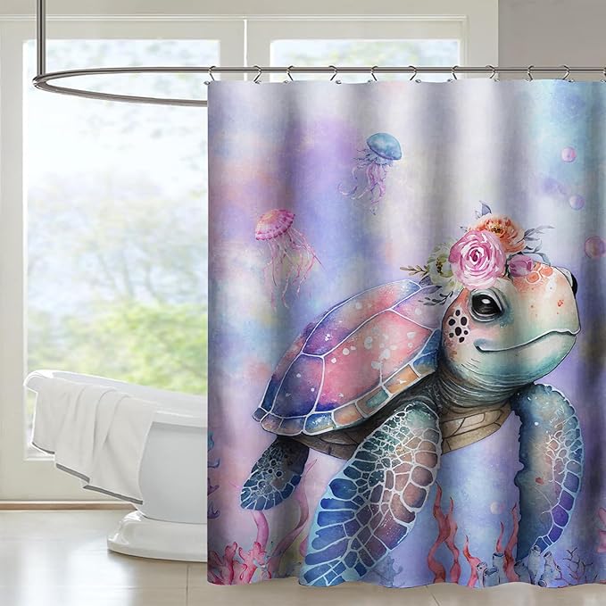 AILONEN Kawaii Sea Turtle Shower Curtain,Tie Die Turtle Bath Curtain Cloth Fabric Bathroom 72" W*84" H Inch,12 Pack Hooks for Kids Child Cute Watercolor Pink Sea Animal Bathroom Curtain