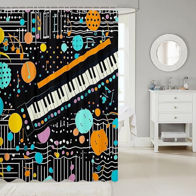 Feelyou Piano Fabric Shower Curtain Musical Shower Curtain for Boys Girls Geometric Bathroom Waterproof Accessories with 12 Hooks Colorful Wave Dot Curtains,72x84 Inches