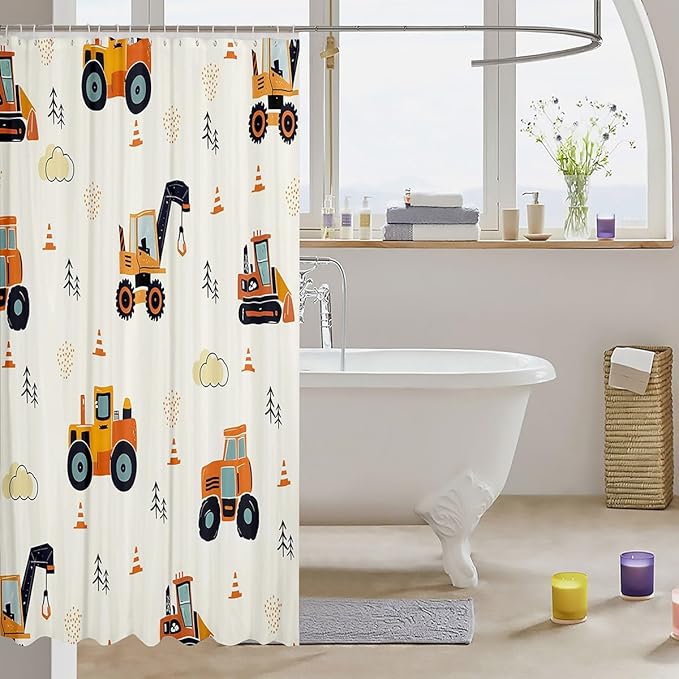 Feelyou Excavator Bathroom Shower Curtain Set Construction Vehicles Boys Girls Bath Curtain Cartoon Car Shower Curtain Equipment Trucks Kids Bathroom Accessories 72"x72"
