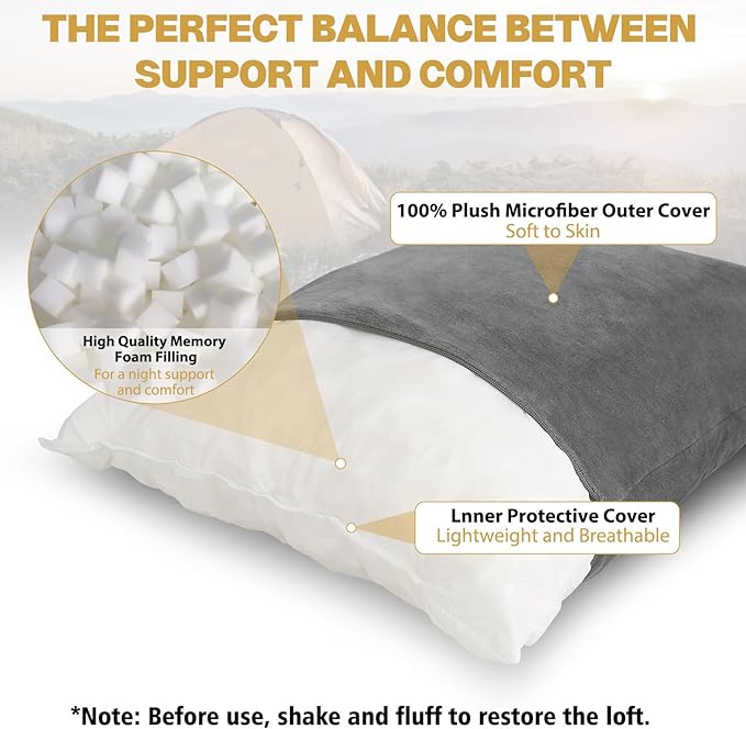 Outdoor Camping Pillow Lightweight,Compact Firm Supportive Compressible Pillow, Travel Pillow Cases, Removable Pillow Cover,Sleeping, Camping,Memory Foam Washable Pillow - Medium