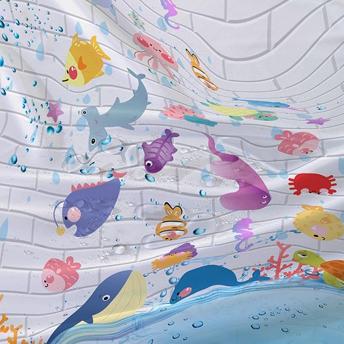 AILONEN Cute Fish Shower Curtain for Kids 72" W*84" H Inch,Raining Marine Animal Playing Water Shower Curtains,12 Pack Hooks Polyester Waterproof Fabric Decor for Bathroom Bathtub Panels