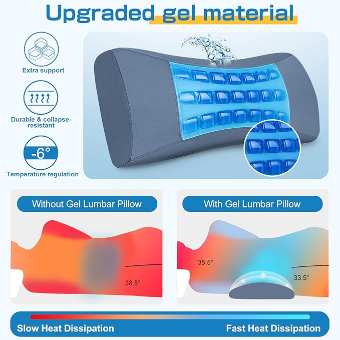 Gel Lumbar Support Pillow for Sleeping with Adjustable Pad Relief Lower Back Pain: Cooling Back Support Pillow for Bed - Ergonomic Memory Foam Wedge Bolster Pillow for Side, Back and Stomach Sleepers