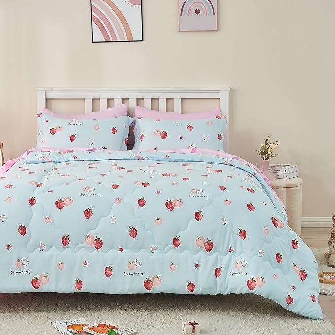 Wajade Kids Strawberry Comforter Set Bed in A Bag Twin Size 7 Piece Blue 3D Cute Strawberry Fruit Bedding Set for Girls Boys (1 Comforter, 1 Flat Sheet, 1 Fitted Sheet, 2 Pillowcase and 2 Pillow Sham)