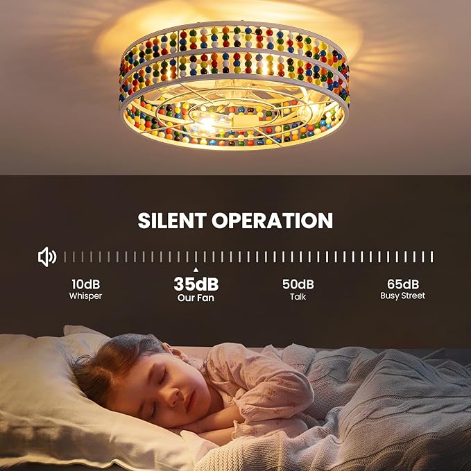 Moooni Colorful Wood Beaded Ceiling Fan with Light 19 inch Boho Wood Beaded Fandelier 6 Speed Flush Mount Ceiling Fan with Light Boho Fandelier