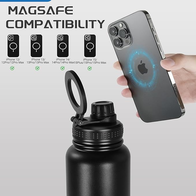 32oz Water Bottle with Magnetic Phone Holder, Stainless Steel Water Bottles Compatible with MagSafe Phone Mount and Tripod for iPhone, Double Walled Insulated tumbler for Gym, Sport