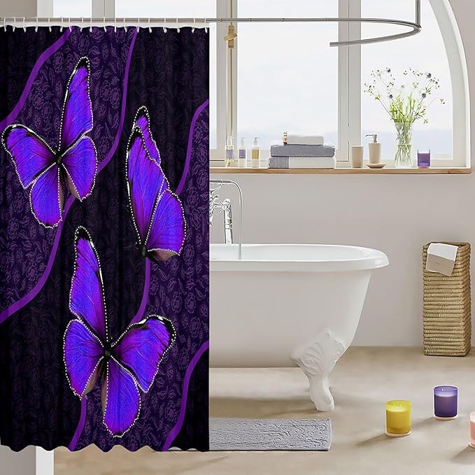 Feelyou Butterfly Shower Curtain 72"x84" Kids Butterflies Botanical Floral Print Bathroom Shower Curtain Set for Boys Girls Teens Geometric Stripes Bath Curtain Purple Bathroom Accessories